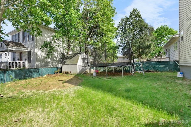 view of yard featuring a fenced backyard, a storage unit, and an outbuilding