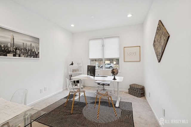 carpeted home office featuring recessed lighting and baseboards