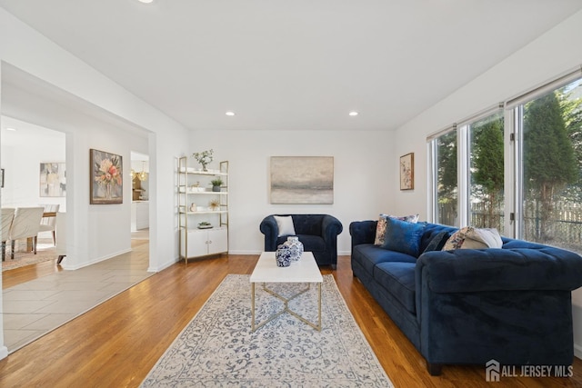 living area featuring recessed lighting, baseboards, and wood finished floors