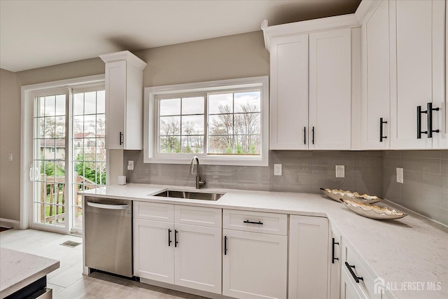 kitchen with white cabinets, stainless steel dishwasher, a sink, and backsplash