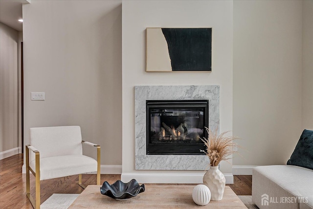 living area with baseboards, wood finished floors, and a fireplace