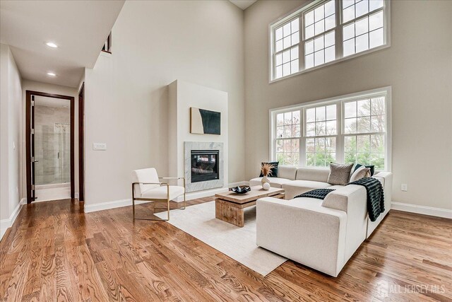 living room with a high ceiling, baseboards, and a wealth of natural light
