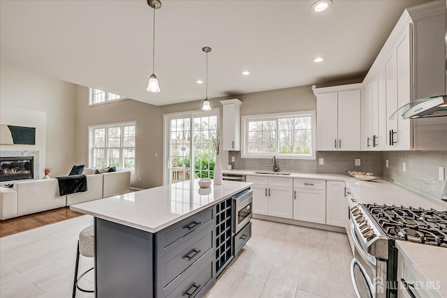kitchen with stainless steel appliances, gray cabinetry, a sink, and plenty of natural light