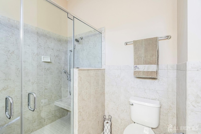 6 Diamond Spring Dr, Monroe, NJ 08831 - full bathroom with toilet, a stall shower, a wainscoted wall, and tile walls
