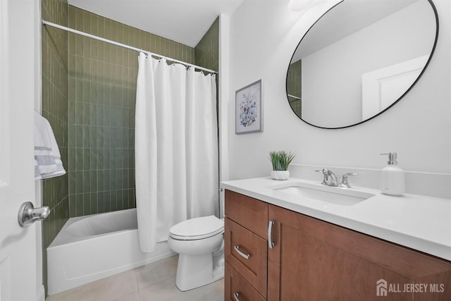 full bathroom with vanity, tile patterned floors, shower / bath combination with curtain, and toilet