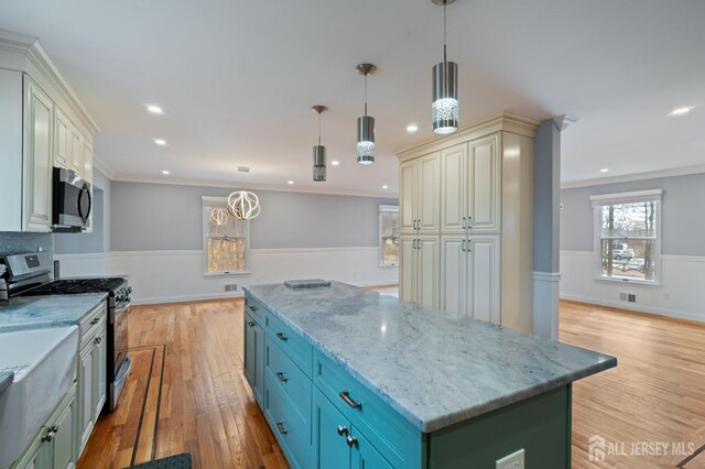 18 Back Bone Hill Rd, Millstone, NJ 08510 - kitchen featuring stainless steel appliances, a kitchen island, light stone countertops, light wood-style floors, and recessed lighting
