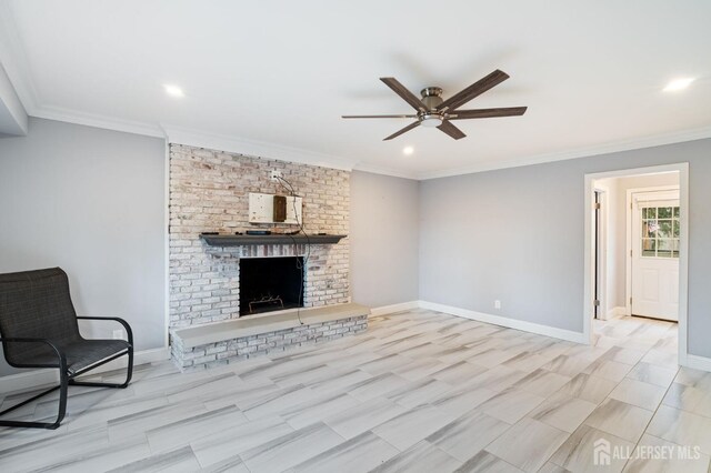 18 Back Bone Hill Rd, Millstone, NJ 08510 - unfurnished living room with a ceiling fan, ornamental molding, a brick fireplace, baseboards, and recessed lighting