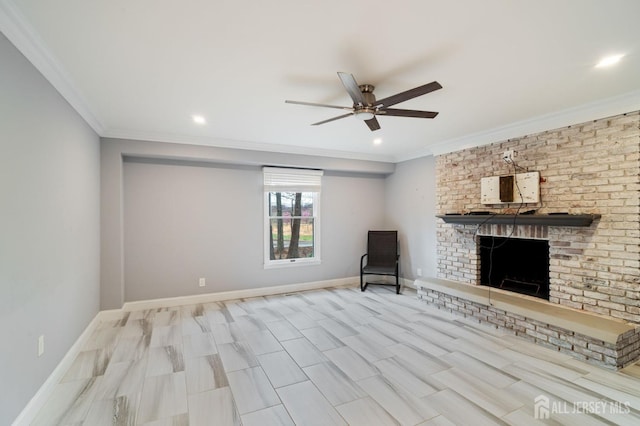 18 Back Bone Hill Rd, Millstone, NJ 08510 - unfurnished living room featuring a ceiling fan, a fireplace, ornamental molding, baseboards, and recessed lighting