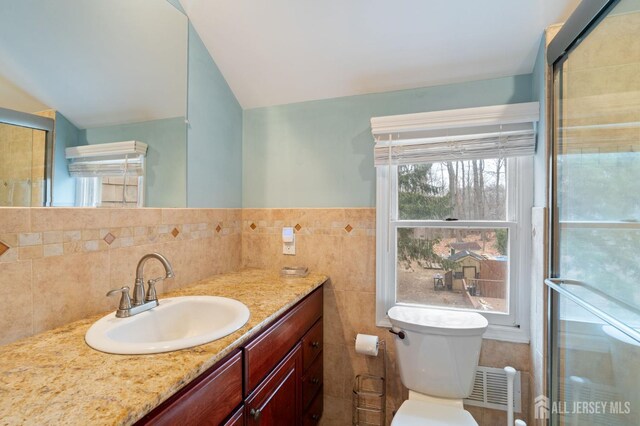 18 Back Bone Hill Rd, Millstone, NJ 08510 - bathroom with vanity, toilet, and tile walls