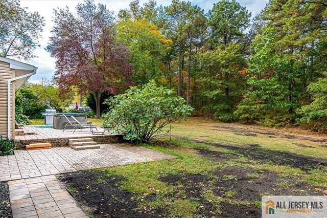 view of yard featuring a jacuzzi and a patio area