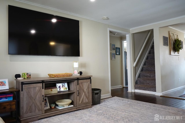 709 Wadsworth Ave, South Plainfield, NJ 07080 - living area featuring wood finished floors, stairway, and ornamental molding