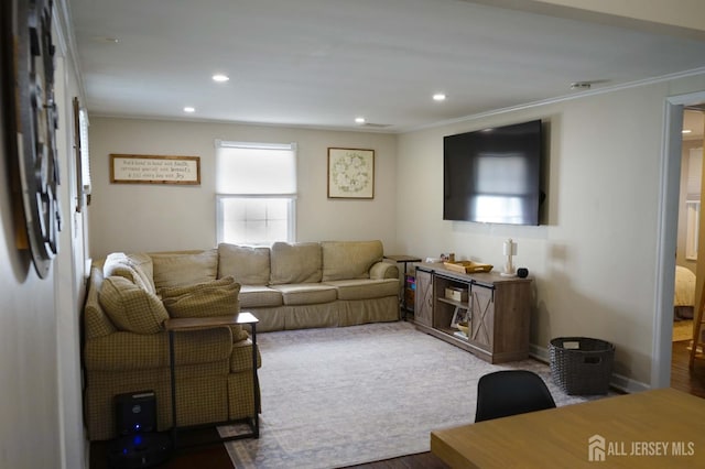 709 Wadsworth Ave, South Plainfield, NJ 07080 - living area featuring plenty of natural light, ornamental molding, wood finished floors, and recessed lighting
