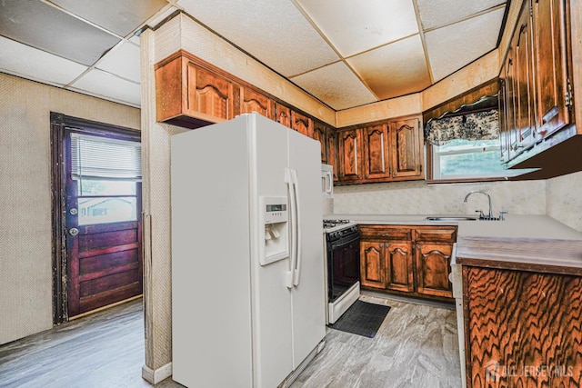 10 W Church St, Jamesburg, NJ 08831 - kitchen featuring white appliances, a drop ceiling, light countertops, light wood finished floors, and healthy amount of natural light