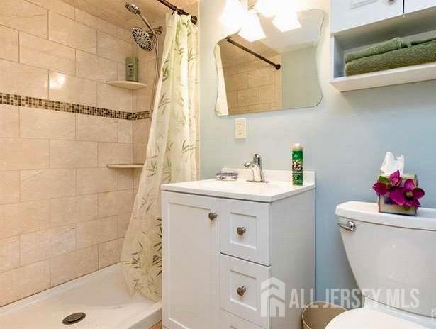 bathroom featuring a shower with curtain, vanity, and toilet