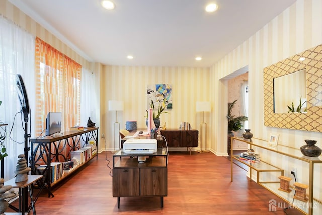 22 Fairway Blvd, Monroe, NJ 08831 - home office featuring wallpapered walls, dark wood-style flooring, and recessed lighting