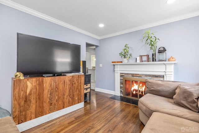 261 New Market Rd, Dunellen, NJ 08812 - living room featuring a stone fireplace, dark wood-style floors, crown molding, and recessed lighting