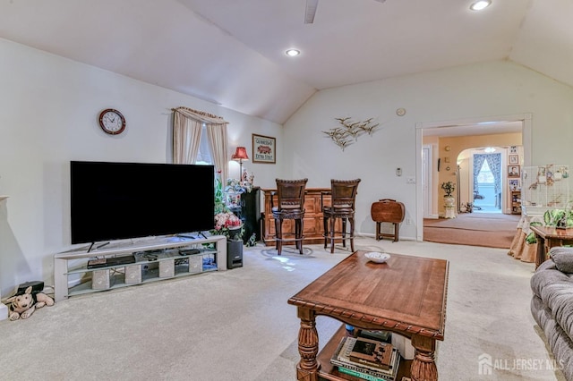 815 Marlboro Rd, Old Bridge, NJ 08857 - carpeted living room with vaulted ceiling, recessed lighting, and a ceiling fan