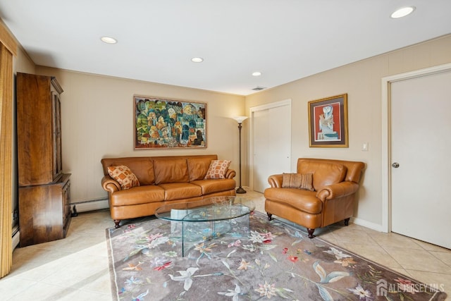 living room with visible vents, baseboard heating, light tile patterned floors, and recessed lighting