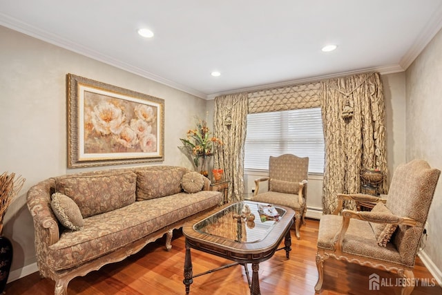 living room featuring crown molding, wood finished floors, baseboards, and recessed lighting