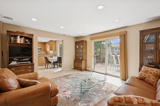 living area with light tile patterned floors, visible vents, baseboards, a baseboard radiator, and recessed lighting