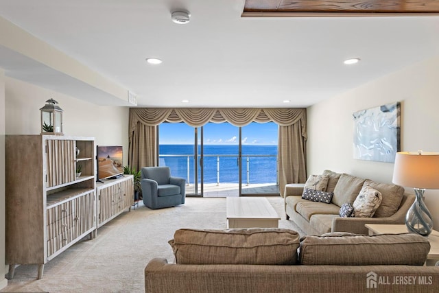 living area featuring recessed lighting and carpet floors