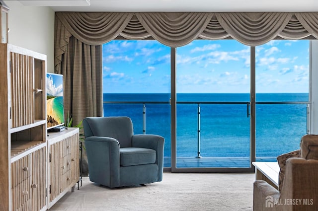 sitting room with a wealth of natural light, a water view, and carpet flooring