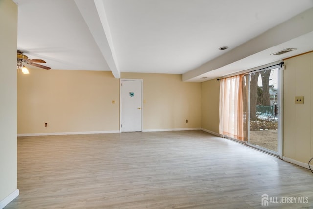 empty room featuring ceiling fan, beam ceiling, and light hardwood / wood-style flooring