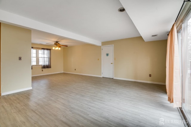 empty room featuring ceiling fan and light wood-type flooring