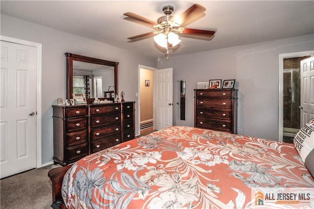 carpeted bedroom featuring connected bathroom and ceiling fan