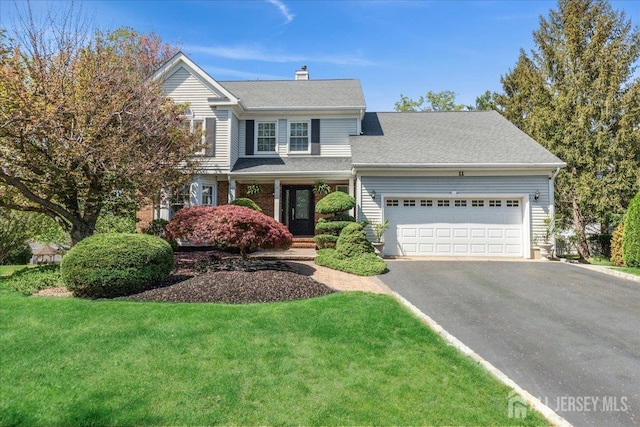 11 Cardinal Ct, Old Bridge, NJ 08857 - traditional-style house featuring asphalt driveway, an attached garage, a chimney, a front lawn, and a shingled roof