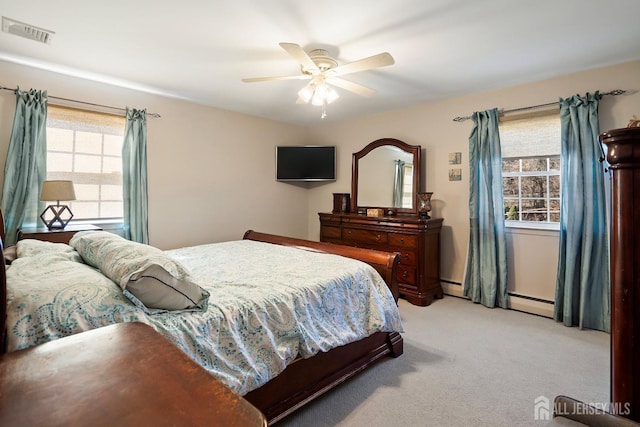 108 Colonia Rd, Colonia, NJ 07067 - bedroom with light colored carpet, visible vents, ceiling fan, and multiple windows