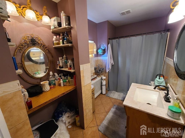 466 W Ave, Sewaren, NJ 07077 - full bathroom with tile patterned floors, vanity, and a shower with curtain