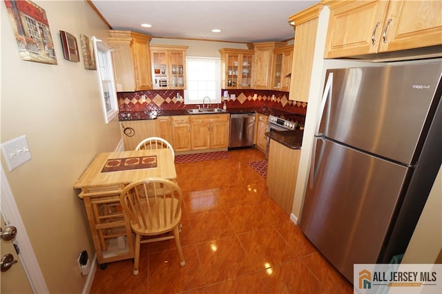 25 Clover Ave, Colonia, NJ 07067 - kitchen with appliances with stainless steel finishes, a sink, dark countertops, tasteful backsplash, and recessed lighting