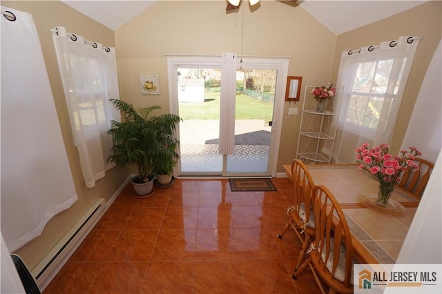 25 Clover Ave, Colonia, NJ 07067 - dining space featuring a baseboard radiator, lofted ceiling, tile patterned flooring, and a ceiling fan