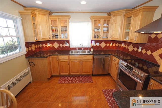 25 Clover Ave, Colonia, NJ 07067 - kitchen featuring appliances with stainless steel finishes, a sink, wall chimney exhaust hood, radiator, and plenty of natural light