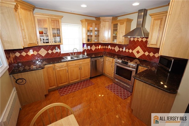 25 Clover Ave, Colonia, NJ 07067 - kitchen featuring wall chimney range hood, stainless steel appliances, a sink, crown molding, and decorative backsplash