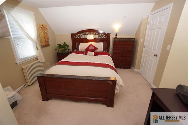 25 Clover Ave, Colonia, NJ 07067 - bedroom featuring radiator heating unit, light colored carpet, vaulted ceiling, and baseboards