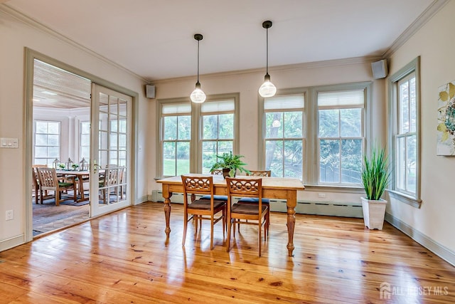 44 Rector St, Metuchen, NJ 08840 - dining room featuring plenty of natural light, light wood-style floors, crown molding, baseboards, and a baseboard radiator