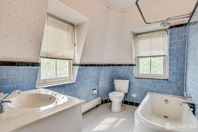 44 Rector St, Metuchen, NJ 08840 - full bathroom with baseboard heating, wallpapered walls, a bath, toilet, and wainscoting