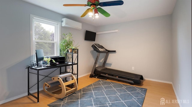 41 Ross Hall Blvd N, Piscataway, NJ 08854 - exercise room featuring a wall mounted air conditioner, ceiling fan, wood finished floors, and baseboards
