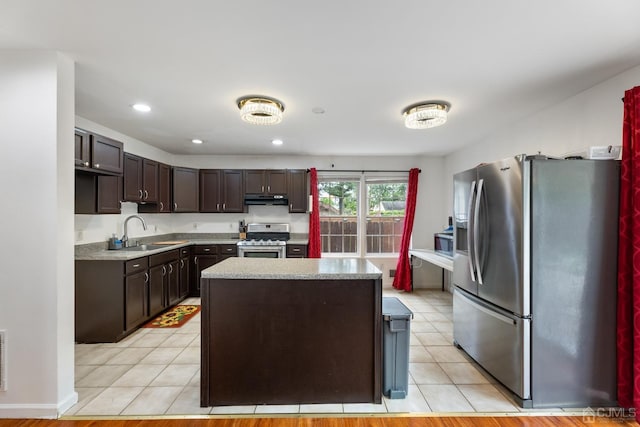 kitchen featuring dark brown cabinetry, under cabinet range hood, stainless steel appliances, a kitchen island, and a sink