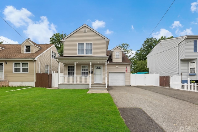 view of front facade with a porch, aphalt driveway, fence, a gate, and a front lawn