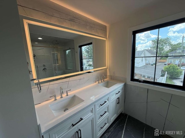 26 Morse Ave, Edison, NJ 08817 - bathroom featuring a shower stall, marble finish floors, and double vanity