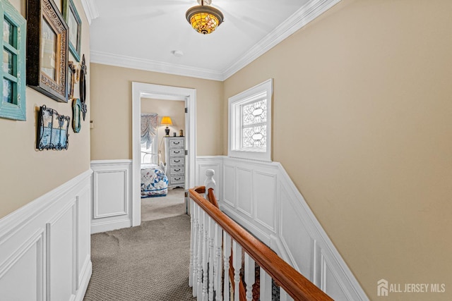 hall with carpet floors, ornamental molding, and wainscoting