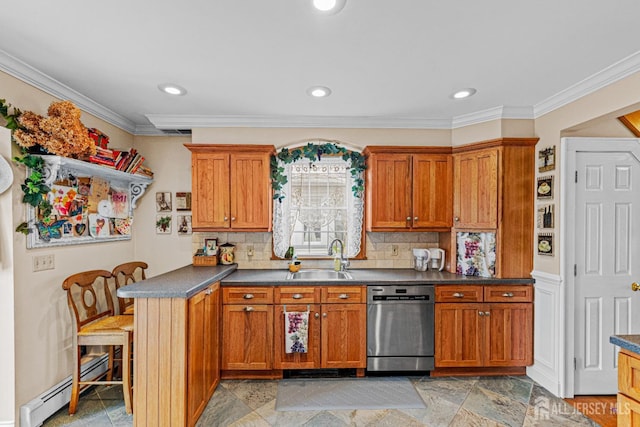 kitchen featuring stainless steel dishwasher, a sink, a baseboard heating unit, brown cabinetry, and tasteful backsplash