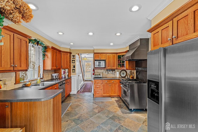 kitchen featuring stainless steel appliances, wall chimney exhaust hood, stone tile floors, a sink, and ornamental molding