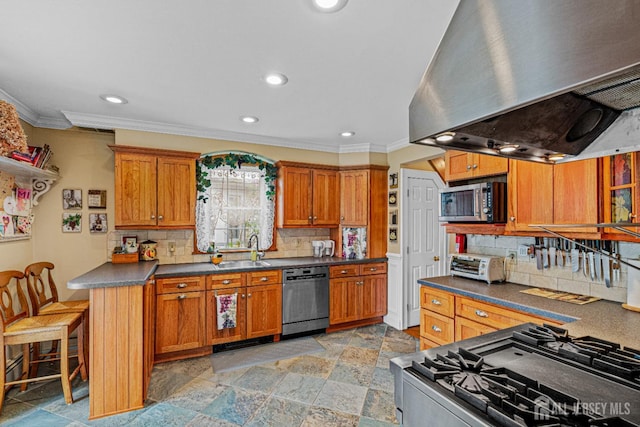 kitchen featuring range hood, stainless steel appliances, ornamental molding, a sink, and recessed lighting