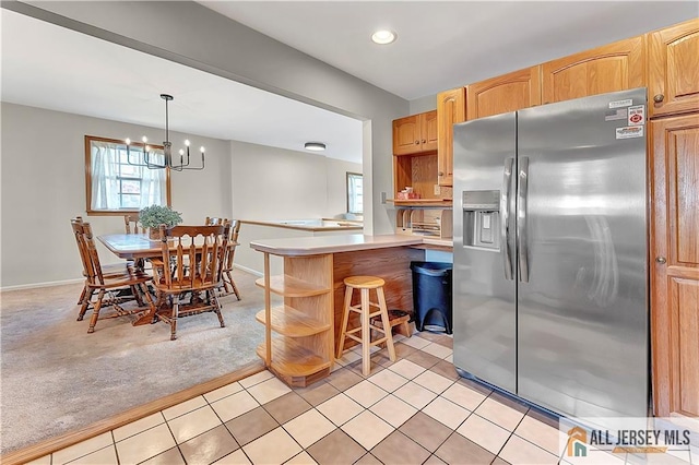 323 Green St, Woodbridge Proper, NJ 07095 - kitchen featuring stainless steel fridge with ice dispenser, healthy amount of natural light, open shelves, a peninsula, and recessed lighting