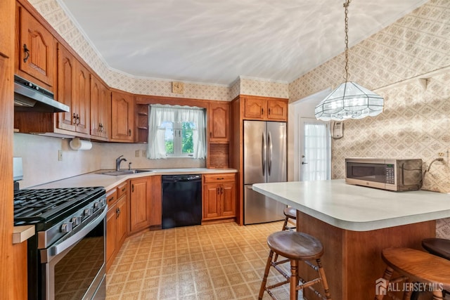 41 Winton Rd, East Brunswick, NJ 08816 - kitchen with stainless steel appliances, a sink, under cabinet range hood, brown cabinets, and a breakfast bar