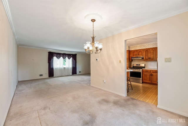 41 Winton Rd, East Brunswick, NJ 08816 - unfurnished dining area with light carpet, ornamental molding, a chandelier, and baseboards
